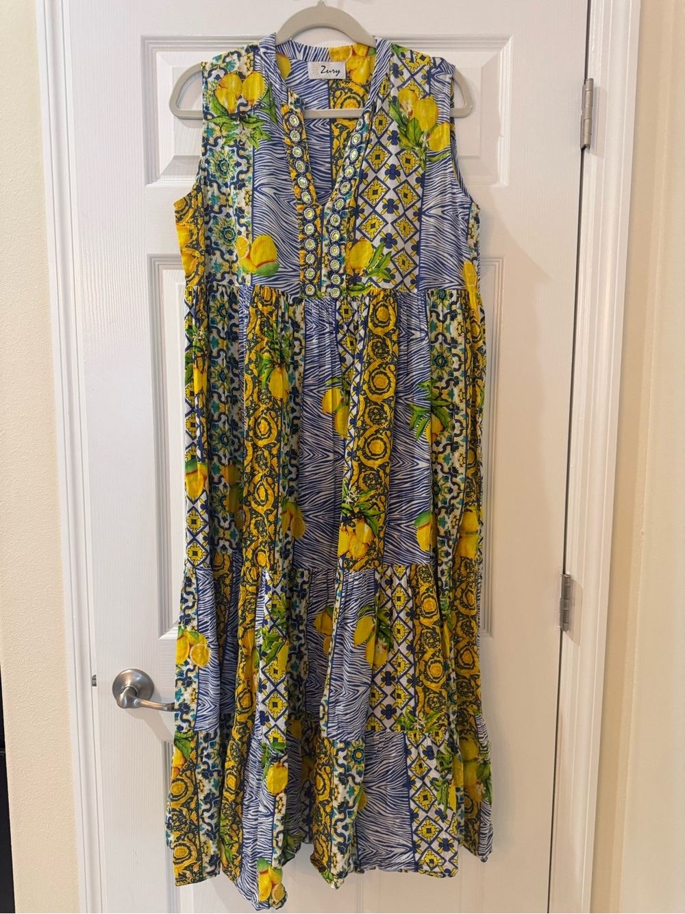 Zury Yellow Floral & Blue Printed Maxi Dress